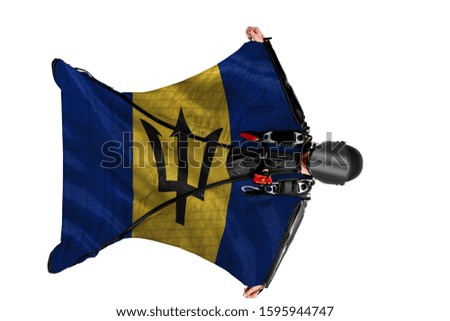 Barbados symbol. Wing men. Men in wing suit templet. Skydiving men in parashute. Simulator of free fall.                               