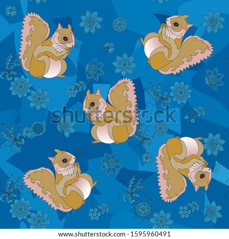 Seamless pattern with squirrels on blue background with flowers. 