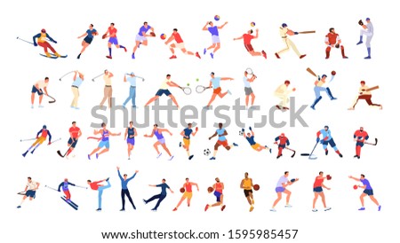 Sport people set. Collection of different sport activity. Professional athlet doing sport. Basketball, football, volleyball and tennis. Isolated vector illustration in cartoon style