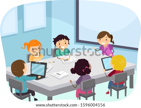 Illustration of Stickman Kids Students on the Table with Laptop and Papers, Brainstorming in Class
