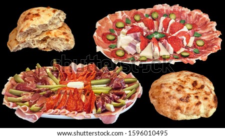 Traditional Welcome Appetizer Savory Dishes with Freshly Baked Pita Flatbread Loaves Isolated on Black Background