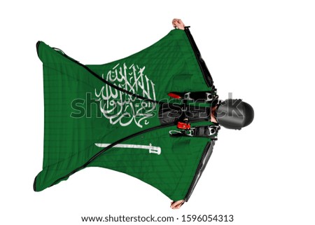 Saudi Arabia symbol. Bird men. Advertizing templet. Men in wing suit. Skydiving men in parashute. Simulator of free fall.                               