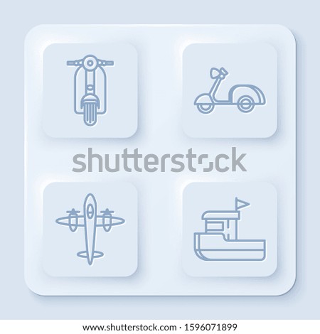 Set line Scooter, Scooter, Old retro vintage plane and Fishing boat. White square button. Vector