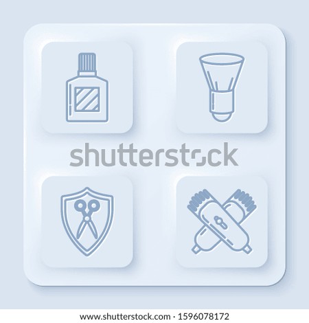 Set line Aftershave, Shaving brush, Scissors hairdresser and shield and Crossed electrical hair clipper or shaver. White square button. Vector