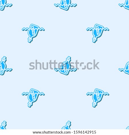 Blue line Glass bottle with a message in water icon isolated seamless pattern on grey background. Letter in the bottle. Pirates symbol.  Vector Illustration