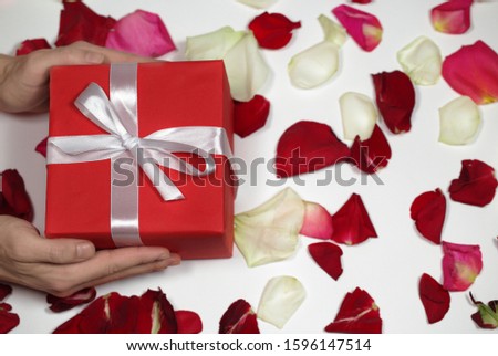 Hand holding red gift box on background of rose petals. Valentine day, mother day, wedding, 8 march of concept. Gift stock images