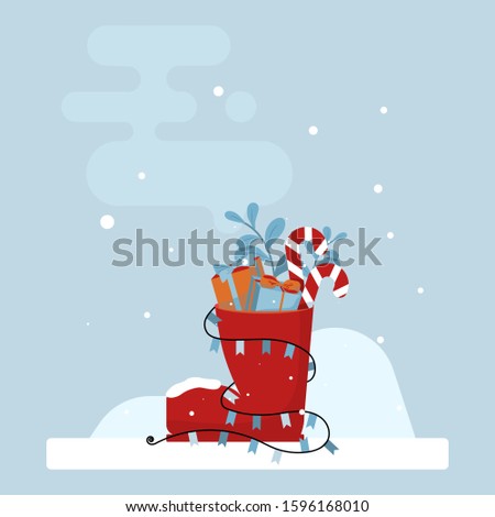 Winter card with elegant red shoe with a presents, candy cane, branches and garland, on a blue background. vector illustration.