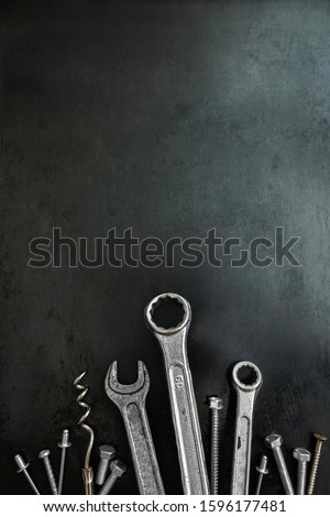 Work tools in a creative composition. Decorative image. Wrenches and screws in the image of grass. Animated objects. Tools. Steel tools decor.