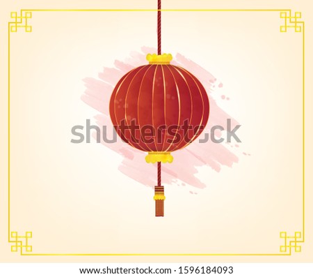 Watercolor Red chinese lantern festival, Chinese Festive traditional red lantern circular shape with red background, Happy Chinese New Year Greeting card, vector illustration.