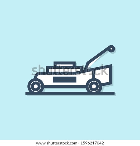 Blue line Lawn mower icon isolated on blue background. Lawn mower cutting grass.  