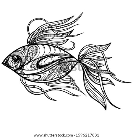 Hand-drawn fantasy fish with ethnic doodle pattern. Coloring page - zendala, for relaxation and meditation for adults, vector illustration, isolated on a white background. Zendoodle.