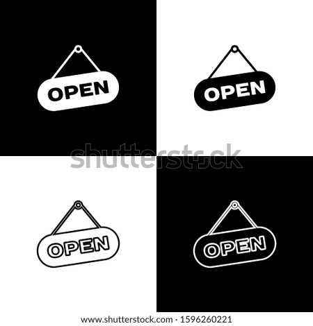 Set Hanging sign with text Open door icons isolated on black and white background. 