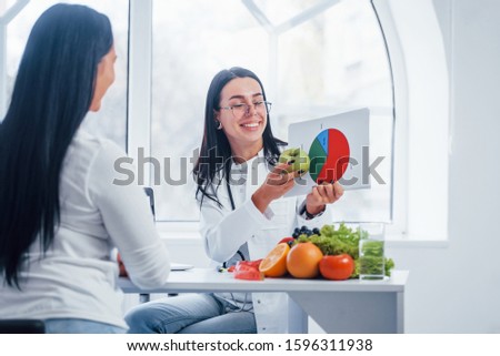 Female nutritionist with graph gives consultation to patient indoors in the office.