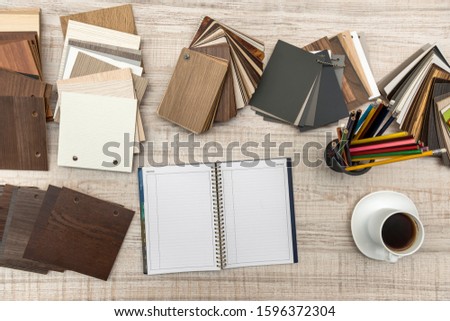 Sample of wood laminated chipboard with empty notepad for furniture design. Architecture and construction..