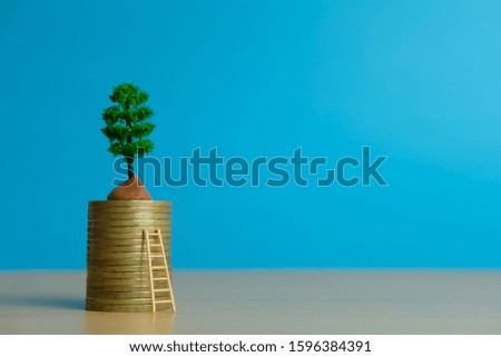 Miniature business concept - stepladder to financial growth illustration photo with coin stack, plant and ladder