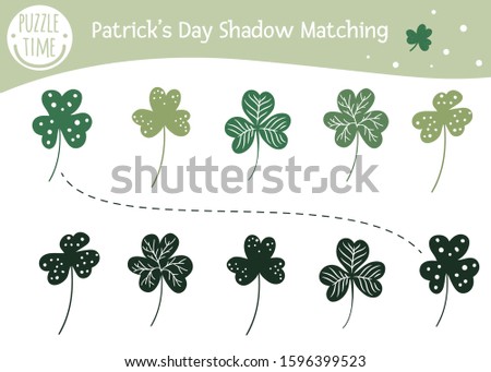 Saint Patrick’s Day shadow matching activity for children with shamrock. Preschool Irish holiday puzzle. Cute spring educational riddle. Find the correct silhouette game