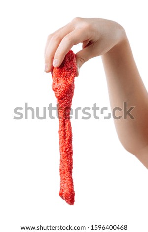 Slime Paste Elastic And Viscous, Child Hand Playing With, Isolated On White Background.