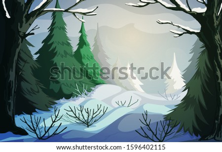 Winter landscape with snowy hills, bushes, trees and firs. Vector illustration