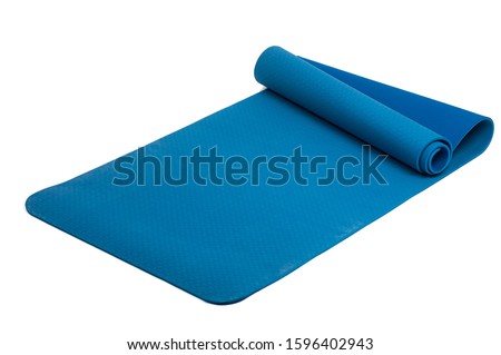 Blue half rolled yoga mat isolated on white background Royalty-Free Stock Photo #1596402943