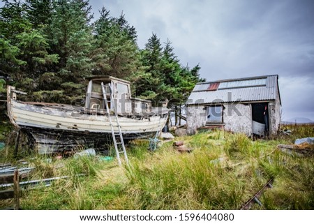 Scotland, Outer Hebrides, Lewis and Harris, Beautiful view of island, old boat