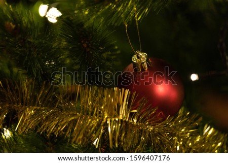 Christmas decoration and ornaments hanging on Pine Christmas tree