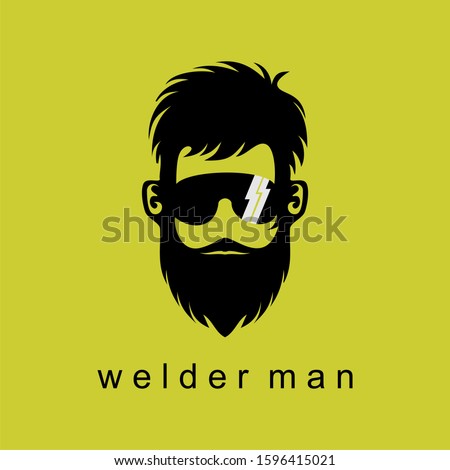 Unique welder man face with eyes glass, mustache and beard image graphic icon logo design abstract concept vector stock. Can be used as symbol related to mechanic or character.
