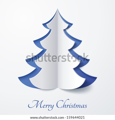 Vector white paper Christmas tree on a blue matte background. Design elements for holiday cards.