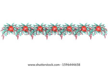 Christmas decorations with poinsettia, fir tree, holly, berries. Vector Illustration.