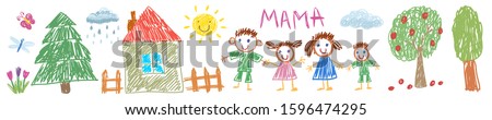 Father, mother, son and daughter together. Happy family. Vector illustration kids drawing style. Royalty-Free Stock Photo #1596474295