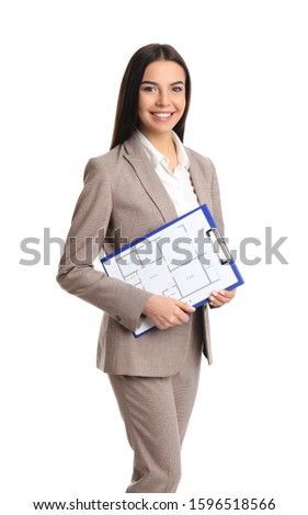 Real estate agent with clipboard on white background