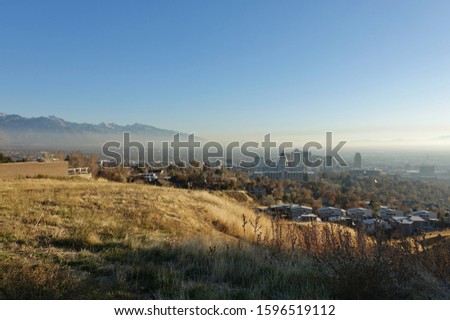 Landscape view of the Utah State Capitol Building and Salt Lake City, Utah, seen from the Ensign Peak