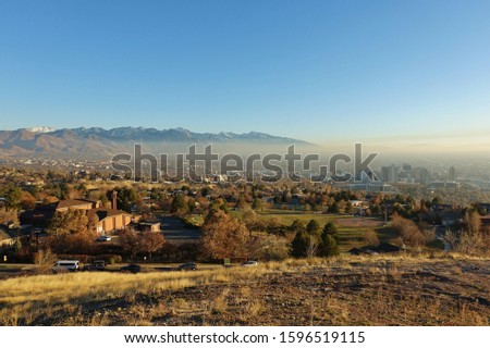 Landscape view of the Utah State Capitol Building and Salt Lake City, Utah, seen from the Ensign Peak
