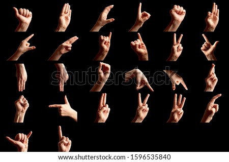 Finger Spelling the Alphabet in American Sign Language (ASL). Set of woman showing alphabet on white background. Sign language