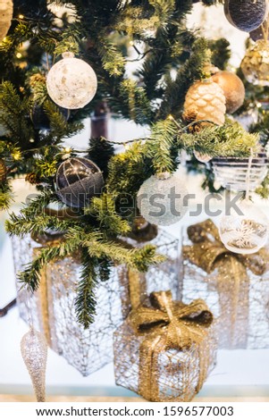 Christmas Background with snow and decorative new year tree. Happy new year  
