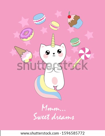 Cute illustration with Caticorn and cute elements.Kawaii style.