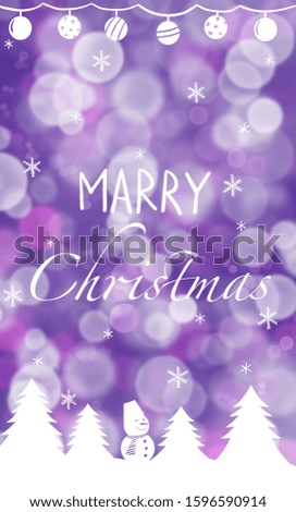 purple christmas bokeh background and white silhouettes of christmas trees and snowman
