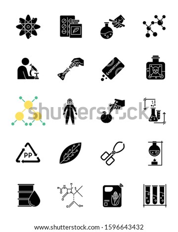 Science and nature interaction glyph icons set. Biotechnologies equipment. Working in laboratory. Products synthesis. Organic chemistry. Silhouette symbols. Vector isolated illustration