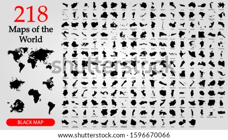 All 218 Complete Countries Map of the World Perfect Icons . Every single country map are listed and isolated with names. A complete maps of the world. Royalty-Free Stock Photo #1596670066