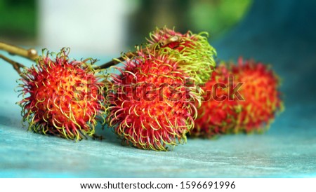 rambutan on a blue table, outdoors, with a background of leaves