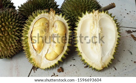 Close-up of durian fruit that has been split, inPelapuan Village, Buleleng Regency, Indonesia Royalty-Free Stock Photo #1596693604
