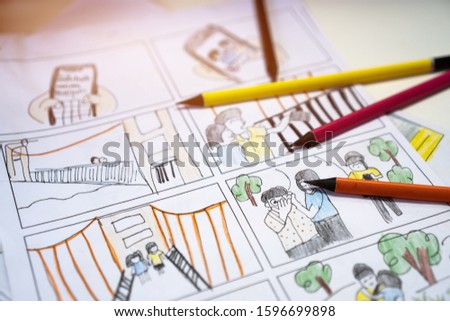 Video Pre-production for film movie storyboard concept : Color pencil drawing story board animation comic carton, design creative scene layout at studio. Behind process work before production films