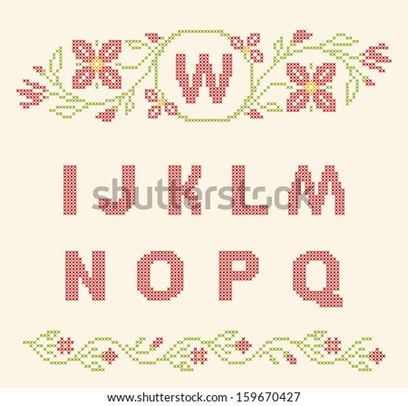 Design elements for cross-stitch embroidery. Red and green, vector illustration. Floral frame for one letter and letters I-Q.
