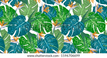 Tropical leaves of Monstera with bird of paradise flowers vector banner. 
 Tropic summer print. Seamless pattern