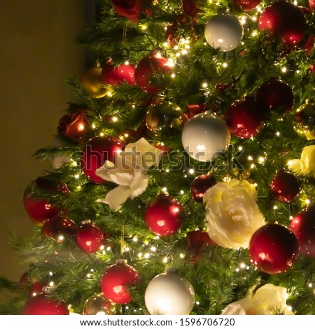 Christmas tree background , baubles and branch of spruce tree Royalty-Free Stock Photo #1596706720