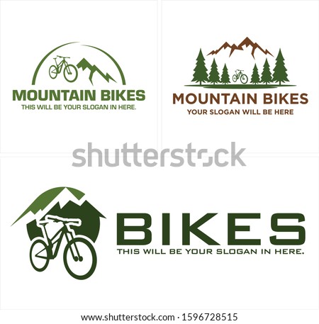 Green mountain tree pine bike logo design vector suitable for sport bicycle outdoor rental adventure recreation