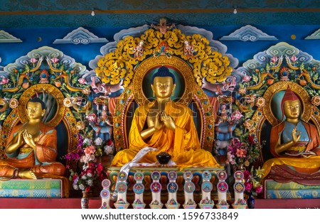 Lord Buddha idols at Lava monastery in Kalimpong West Bengal India Royalty-Free Stock Photo #1596733849