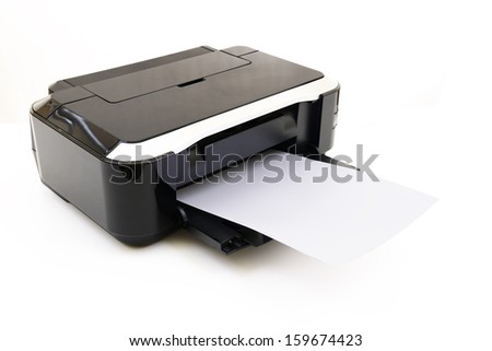 Printer and paper isolated on white background Royalty-Free Stock Photo #159674423