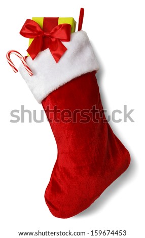 Christmas Stocking with Presents Isolated on White Background.