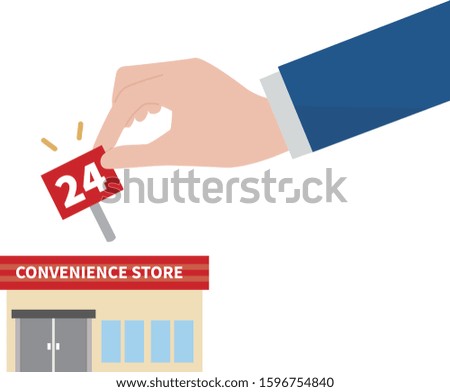 convenience store,stop working 24 hours,hand holding signboard,vector illustration