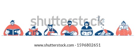 The concept of reading day. People hold a book in their hands. Human character on white background. Flat design style minimal vector illustration. Horizontal banner outline.
